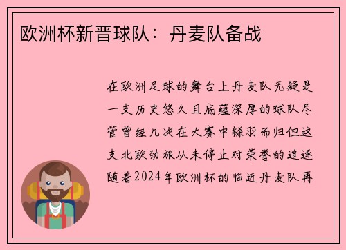 欧洲杯新晋球队：丹麦队备战